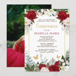 Red Flowers Quinceanera Invitation in Spanish 