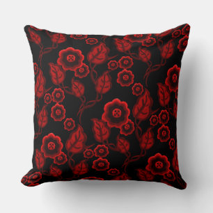 Red flowers, red leaves, Folk art floral/black Cushion