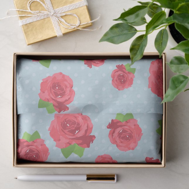 Red Flowers, Red Roses, Green Leaves, Floral Tissue Paper (Gift)