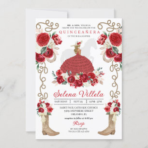 Red Flowers Rustic Western Charro Quinceañera Invitation