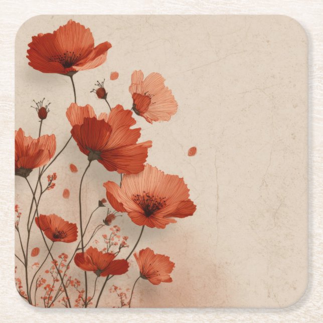 Red flowers.  square paper coaster (Front)