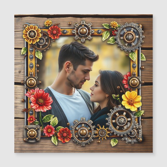 Red  Flowers Steampunk Personalised Photo Magnetic Invitation (Front)