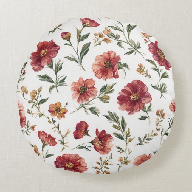 Red Flowers Stripes Round Cushion (Front)