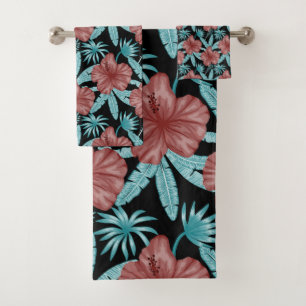 Red flowers tropical seamless pattern &blue leaves bath towel set