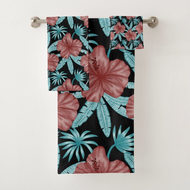 Red flowers tropical seamless pattern &blue leaves bath towel set (Insitu)