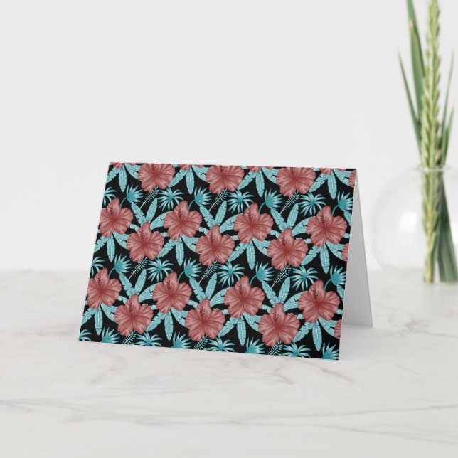 Red flowers tropical seamless pattern &blue leaves card (Front)