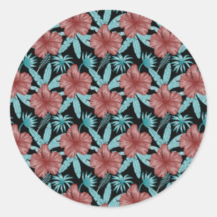 Red flowers tropical seamless pattern &blue leaves classic round sticker