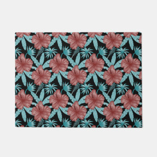 Red flowers tropical seamless pattern &blue leaves doormat