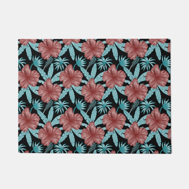 Red flowers tropical seamless pattern &blue leaves doormat (Front)