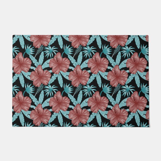 Red flowers tropical seamless pattern &blue leaves doormat (Front)