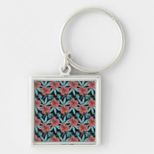 Red flowers tropical seamless pattern &blue leaves key ring