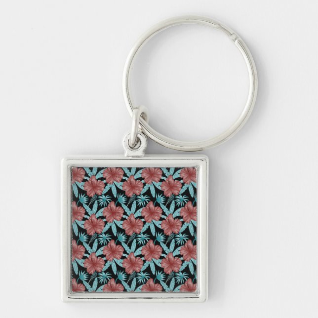 Red flowers tropical seamless pattern &blue leaves key ring (Front)