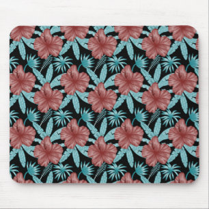Red flowers tropical seamless pattern &blue leaves mouse mat