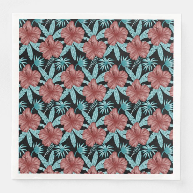 Red flowers tropical seamless pattern &blue leaves napkin (Front)