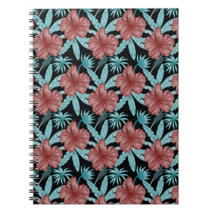 Red flowers tropical seamless pattern &blue leaves notebook
