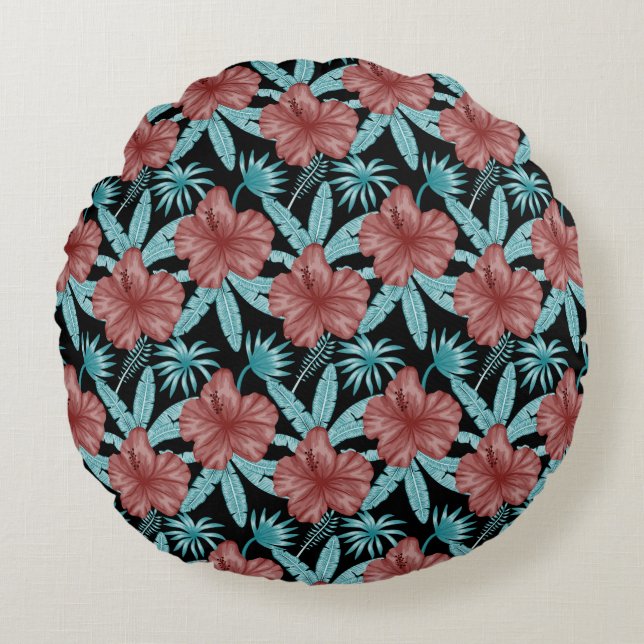 Red flowers tropical seamless pattern &blue leaves round cushion (Front)