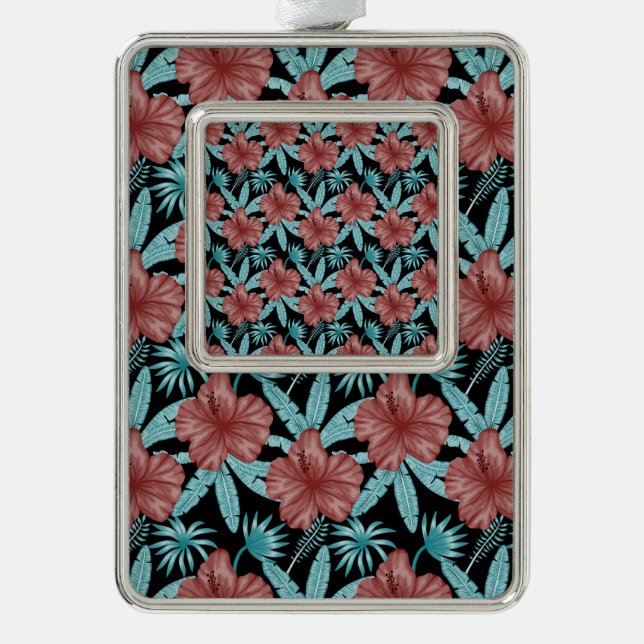 Red flowers tropical seamless pattern &blue leaves silver plated framed ornament (Front)