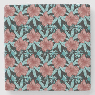Red flowers tropical seamless pattern &blue leaves stone coaster