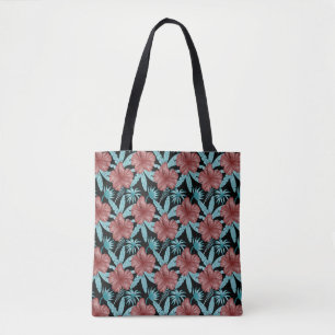 Red flowers tropical seamless pattern &blue leaves tote bag