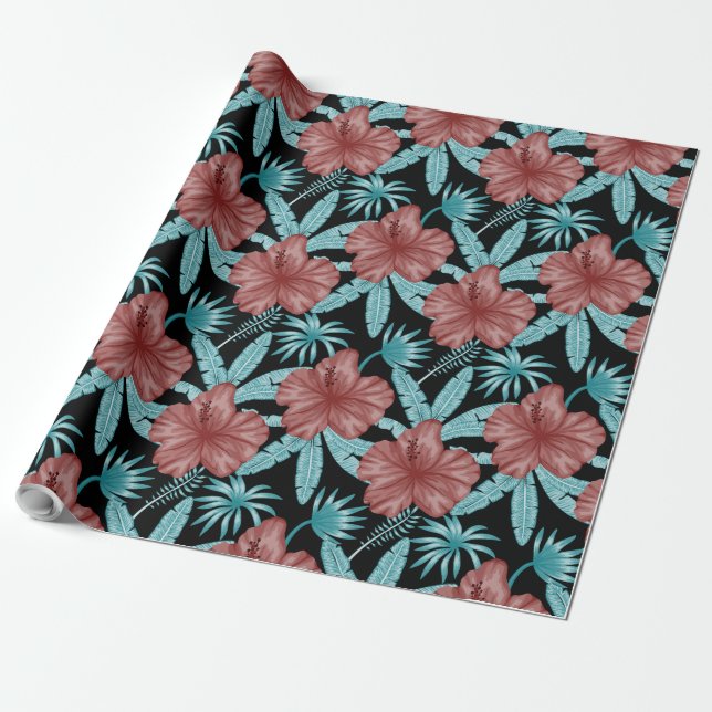Red flowers tropical seamless pattern &blue leaves wrapping paper (Unrolled)