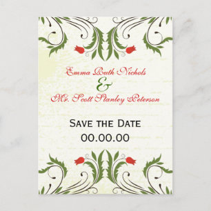 Red Flowers Vintage Save The Date Postcard