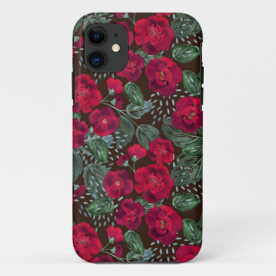 Red flowers, watercolor floral pattern. iPhone 11 case