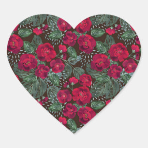 Red flowers, watercolor floral pattern. heart sticker