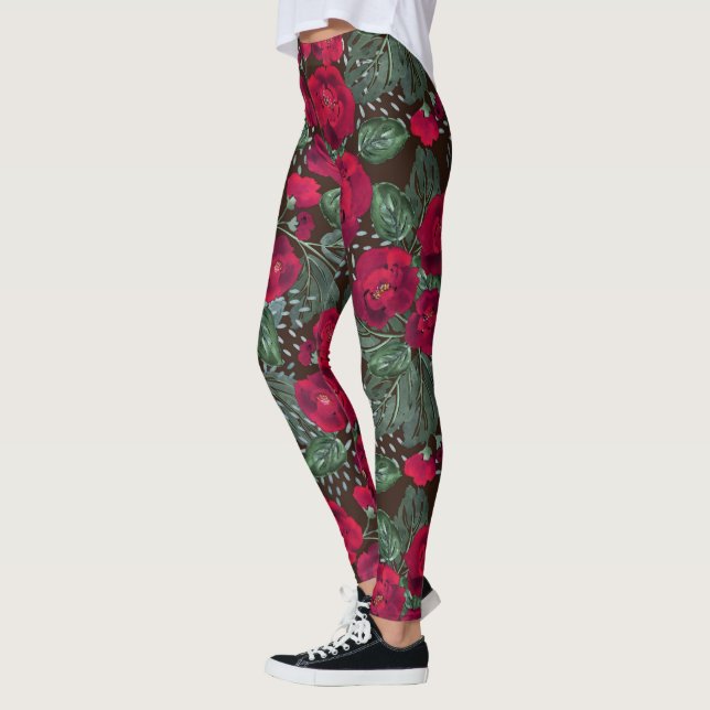 Red flowers, watercolor floral pattern. leggings (Left)