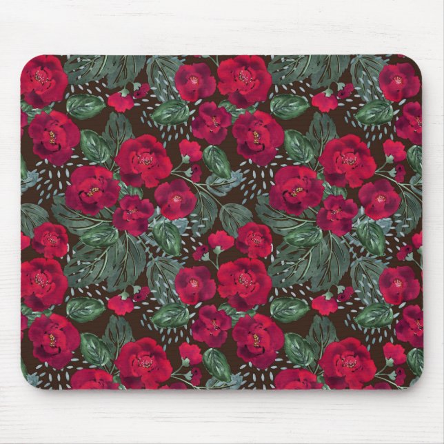 Red flowers, watercolor floral pattern. mouse mat (Front)