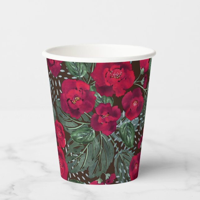 Red flowers, watercolor floral pattern. paper cups (Front)