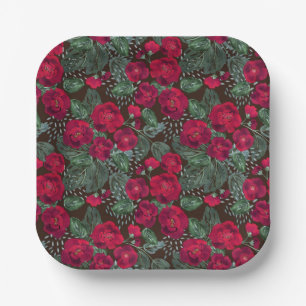 Red flowers, watercolor floral pattern. paper plate