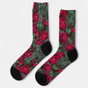 Red flowers, watercolor floral pattern. socks