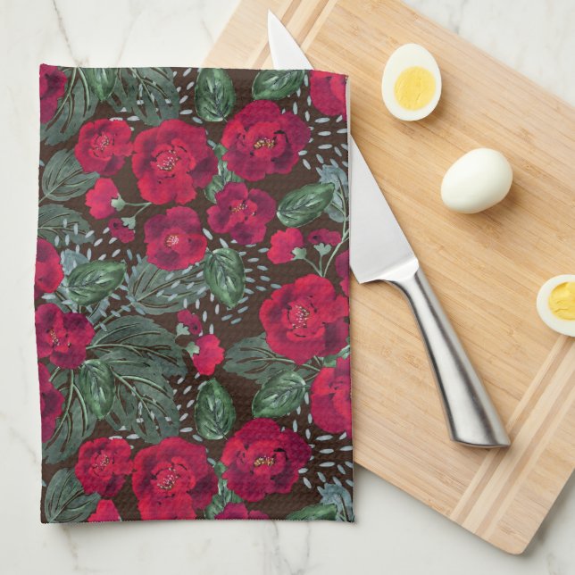 Red flowers, watercolor floral pattern. tea towel (Quarter Fold)