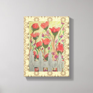 Red Flowers White Fence Canvas Print