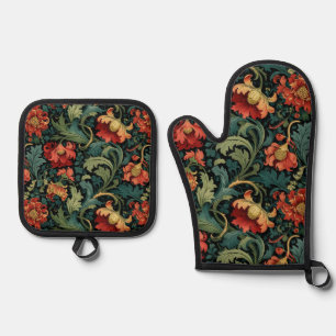Red Flowers William Morris Oven Mitt & Pot Holder Set