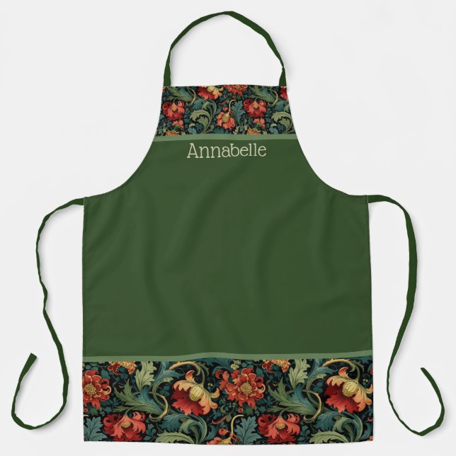 Red Flowers William Morris Print Personalise Apron (Front)