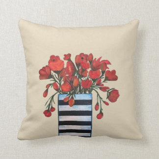 Red Flowers with Striped Vase Fine Art Cushion