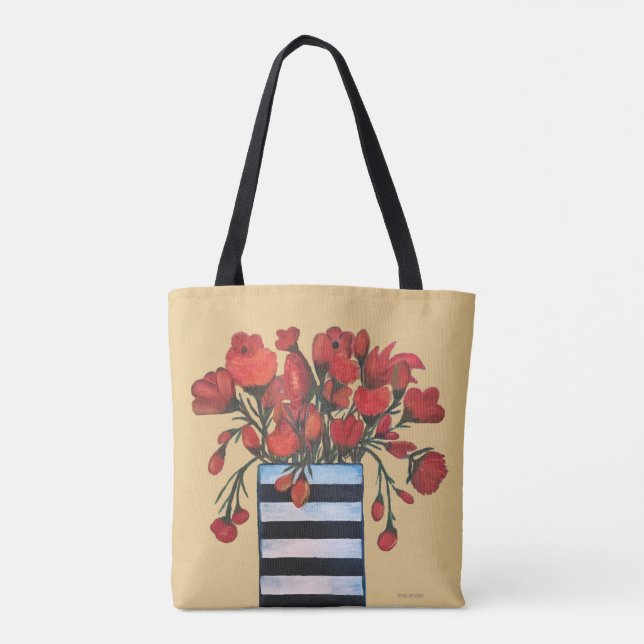 Red Flowers with Striped Vase Fine Art Tote Bag (Back)