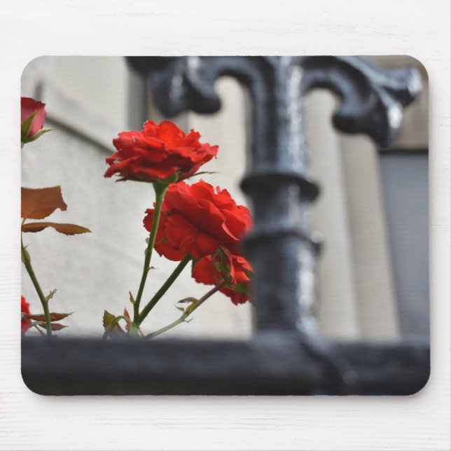 Red Flowers Wrought Iron New York City Photography Mouse Mat (Front)
