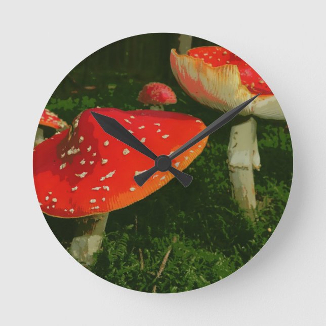 Red Fly Agaric Amanita Muscaria Mushrooms Photo Round Clock (Front)