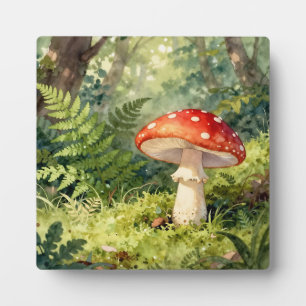 Red Fly Agaric Mushroom Watercolor Forest Scene Plaque