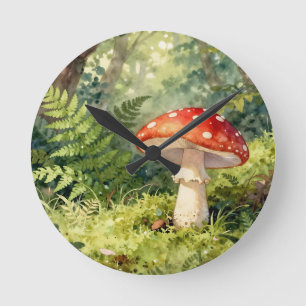 Red Fly Agaric Mushroom Watercolor Forest Scene Round Clock