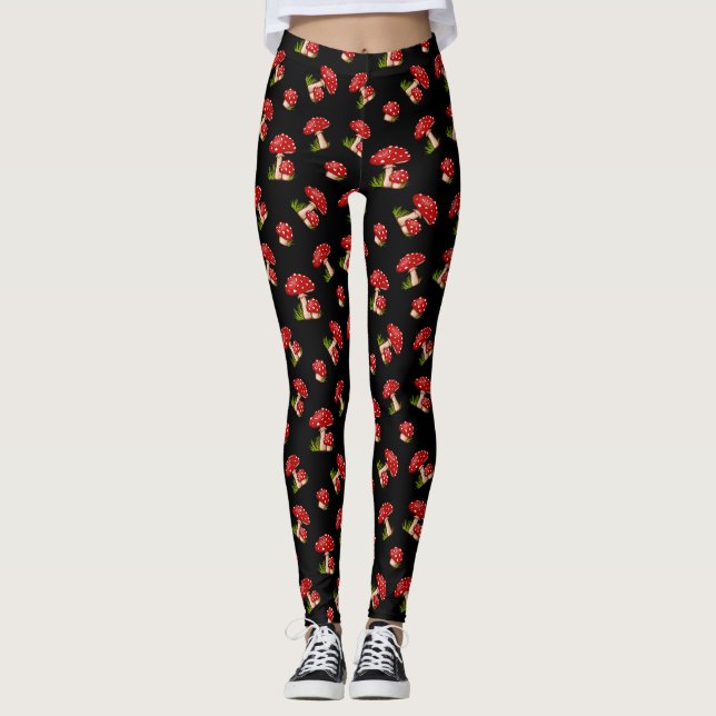 Red Fly Agaric Spotted Magical Mushroom Leggings (Front)
