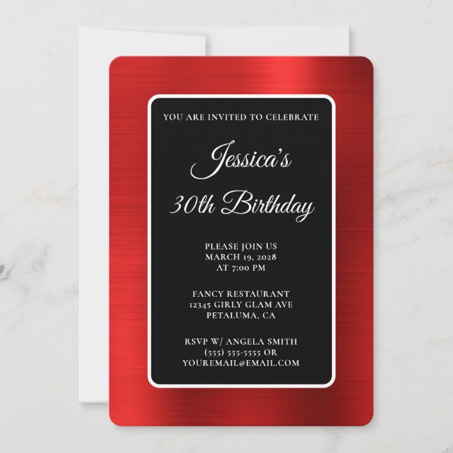 Red Foil Black and White 30th Birthday Invitation (Front)