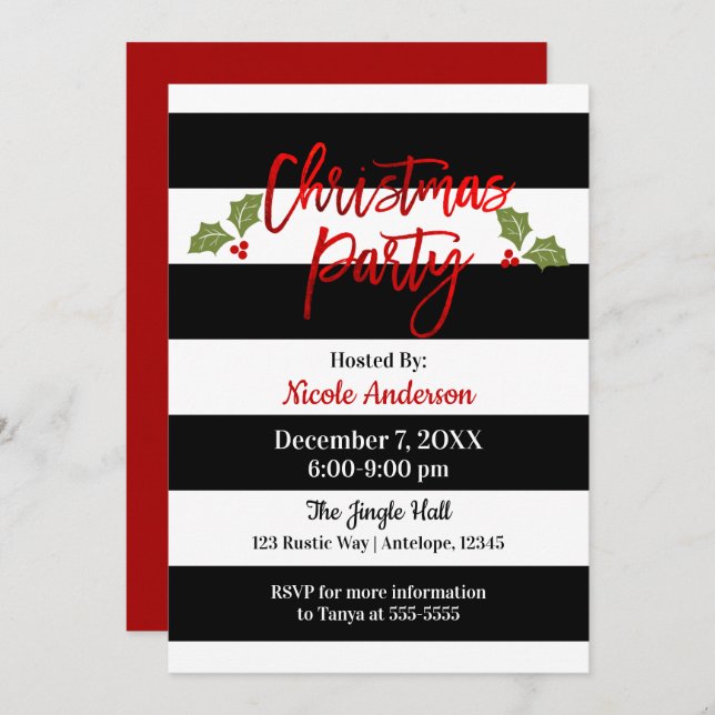 Red Foil Chic Shine Modern Script Christmas Party Invitation (Front/Back)
