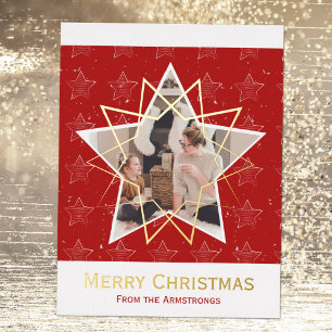 Red Foil Stars Merry Christmas Photo Holiday Postcard