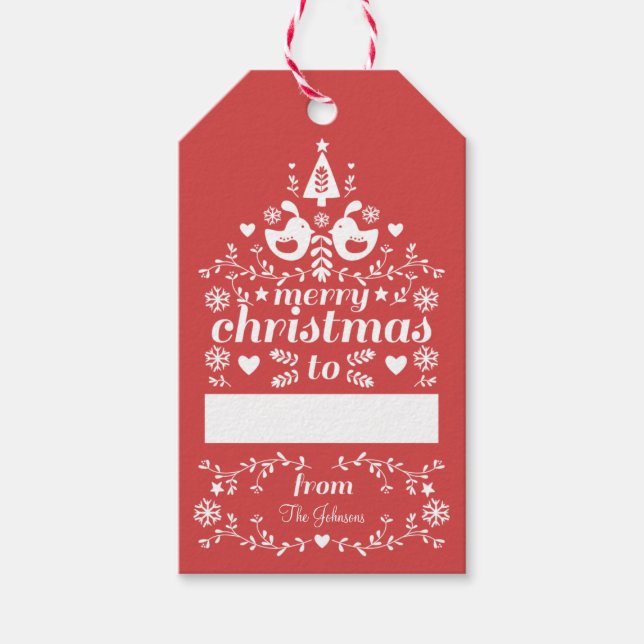 Red Folk Christmas Cheer Gift Tags (Front)