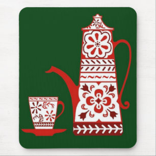 Red folk, delft, coffee/tea pot and cup mouse mat