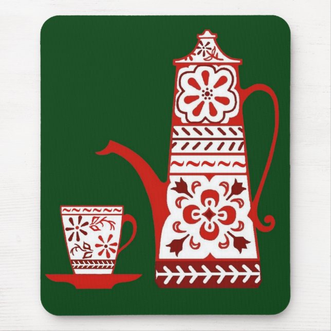 Red folk, delft, coffee/tea pot and cup mouse mat (Front)