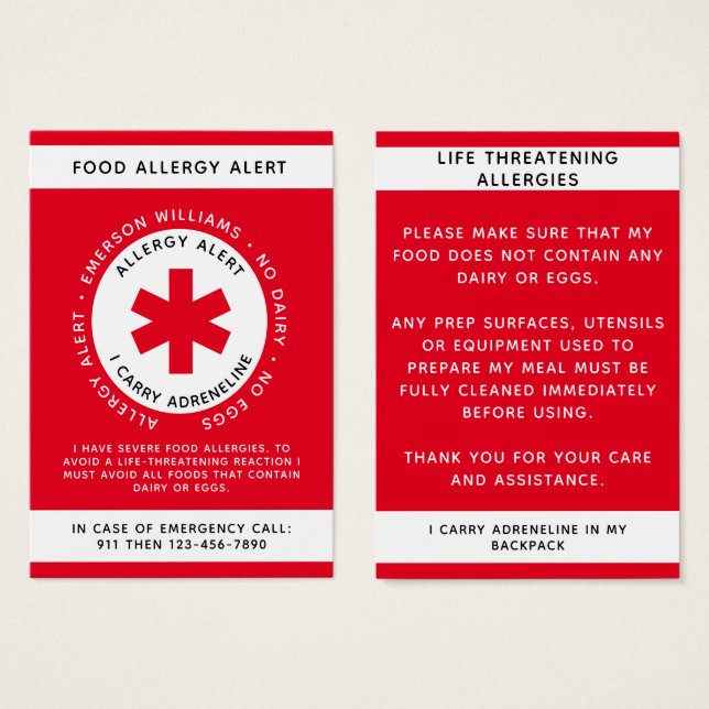 Red Food Allergy Alert Card (Front & Back)